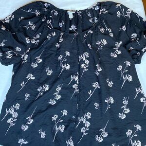 Ava & Viv Button Up Flower Print Shirt Women's 3XL Black Cream